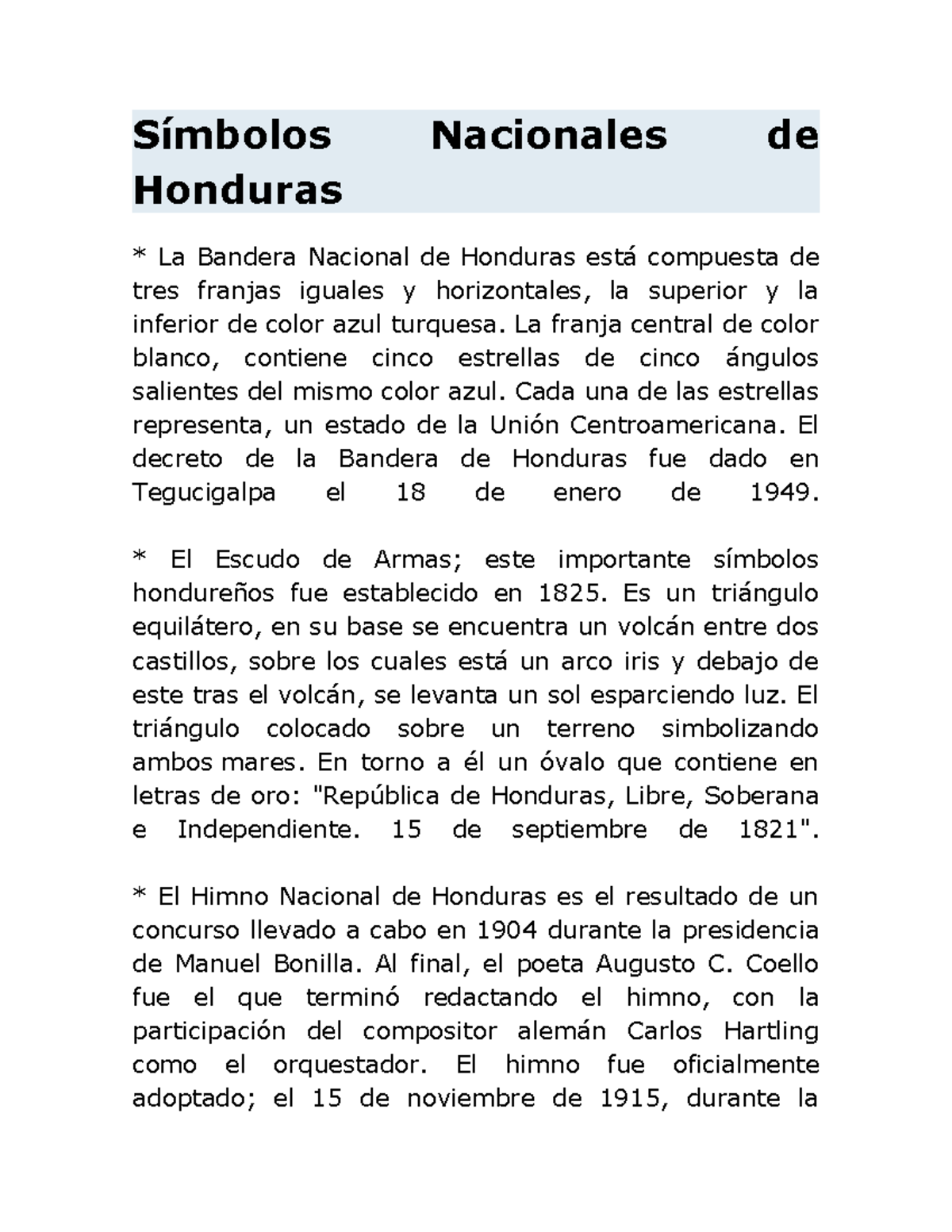 Símbolos Nacionales de Honduras: Bandera, Himno y Flora Nacional - Studocu