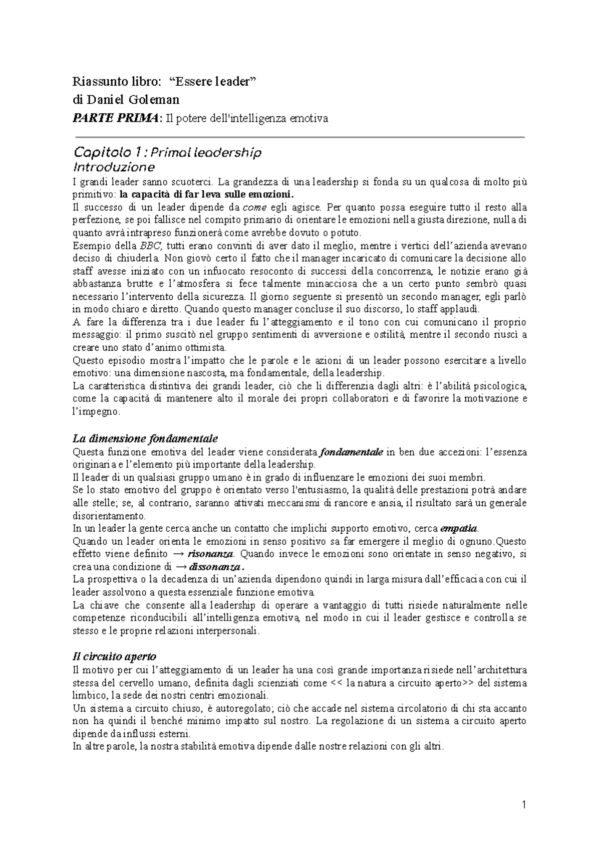 Riassunto libro: "Essere Leader" di Daniel Goleman - Parte 1 e 2 - Document Preview