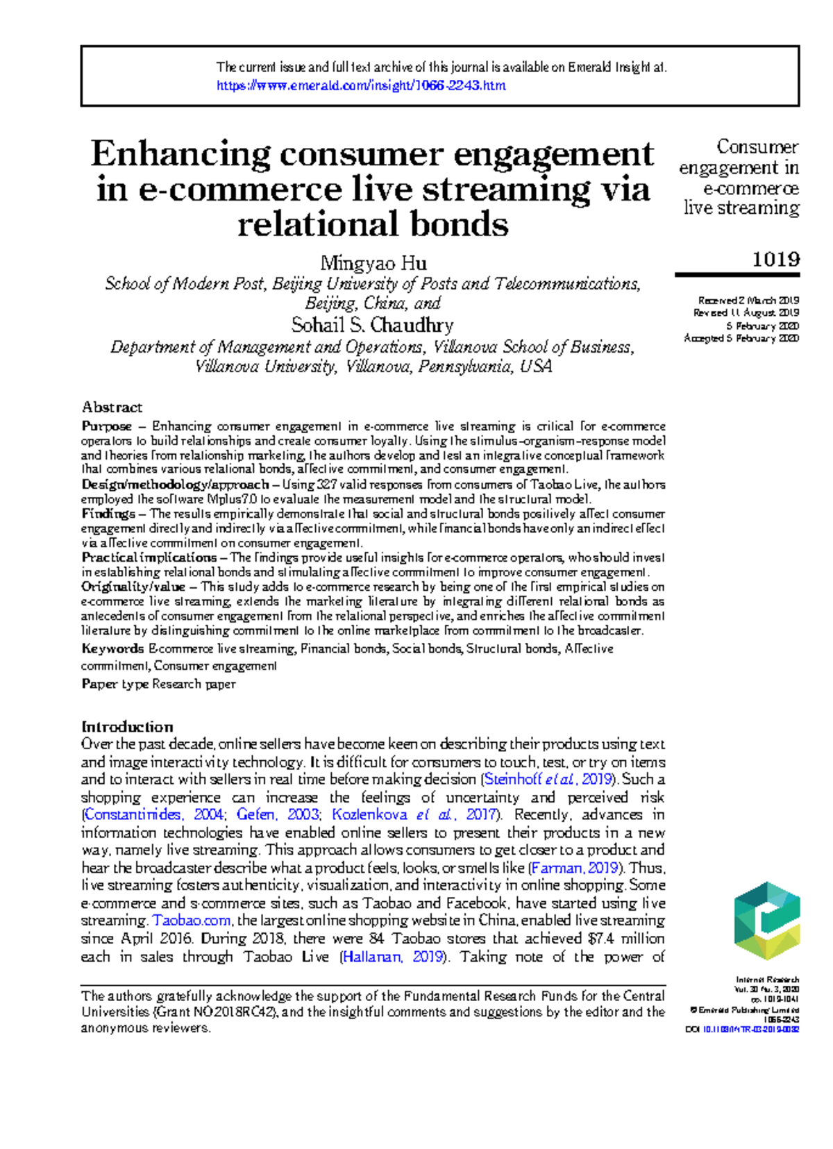 Enhancing Consumer Engagement in E-Commerce Live Streaming (INTR 30 ...