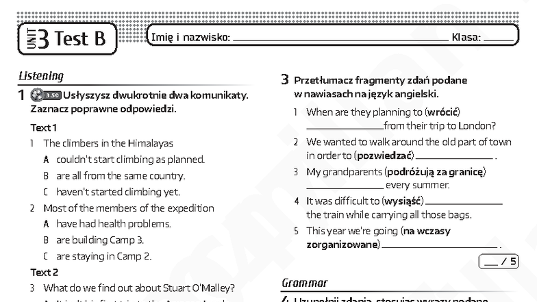Brainy kl7 Unit 3 Test B - Listening & Grammar Exercises - Studocu