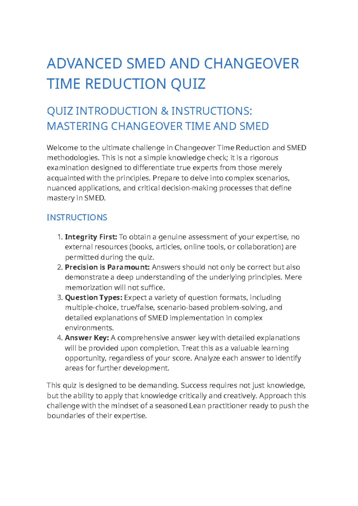 ADVANCED SMED AND CHANGEOVER TIME REDUCTION QUIZ (COURSE CODE) - Studocu