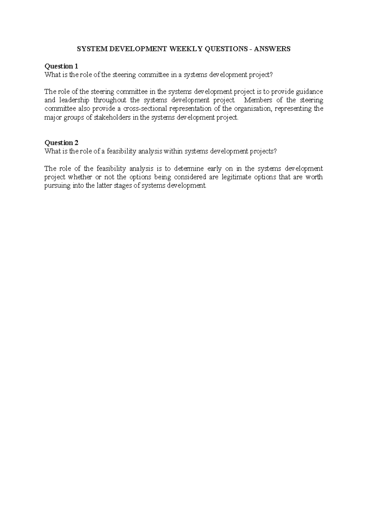 W9 System Development Weekly Questions - Answers - SYSTEM DEVELOPMENT ...