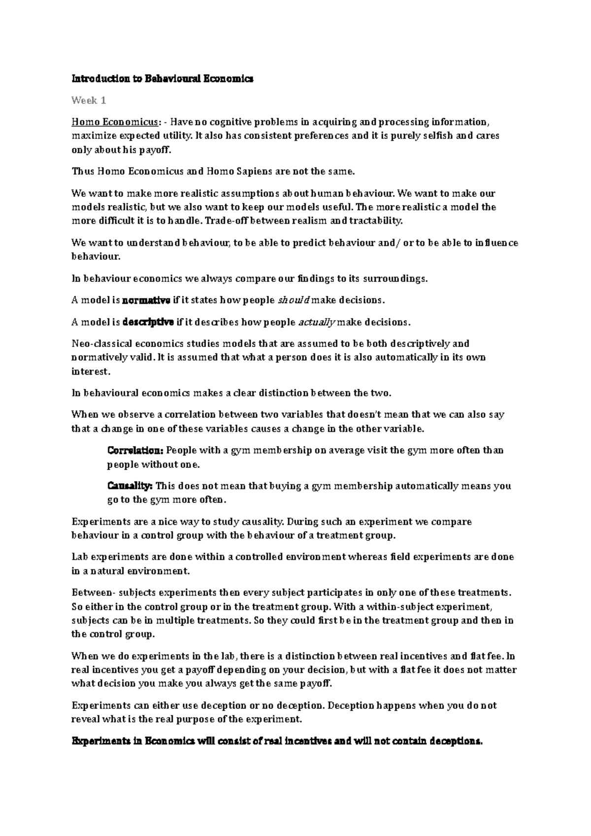 BEH 101: Introduction to Behavioral Economics Week 1 Notes - Studeersnel