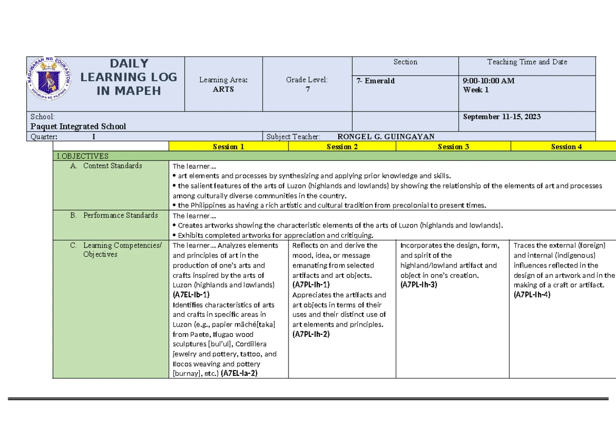 PE 9 Q4 - Daily Learning Log for P.E. Activities and Innovations - Studocu