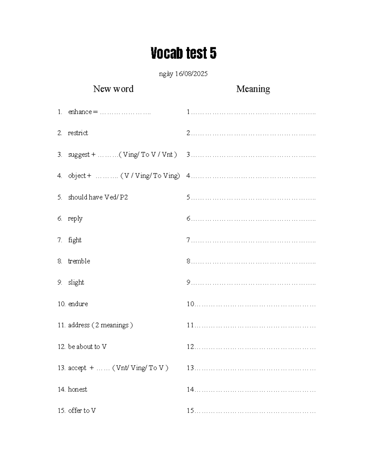 Vocab Test 5: New Words and Their Meanings - Studocu