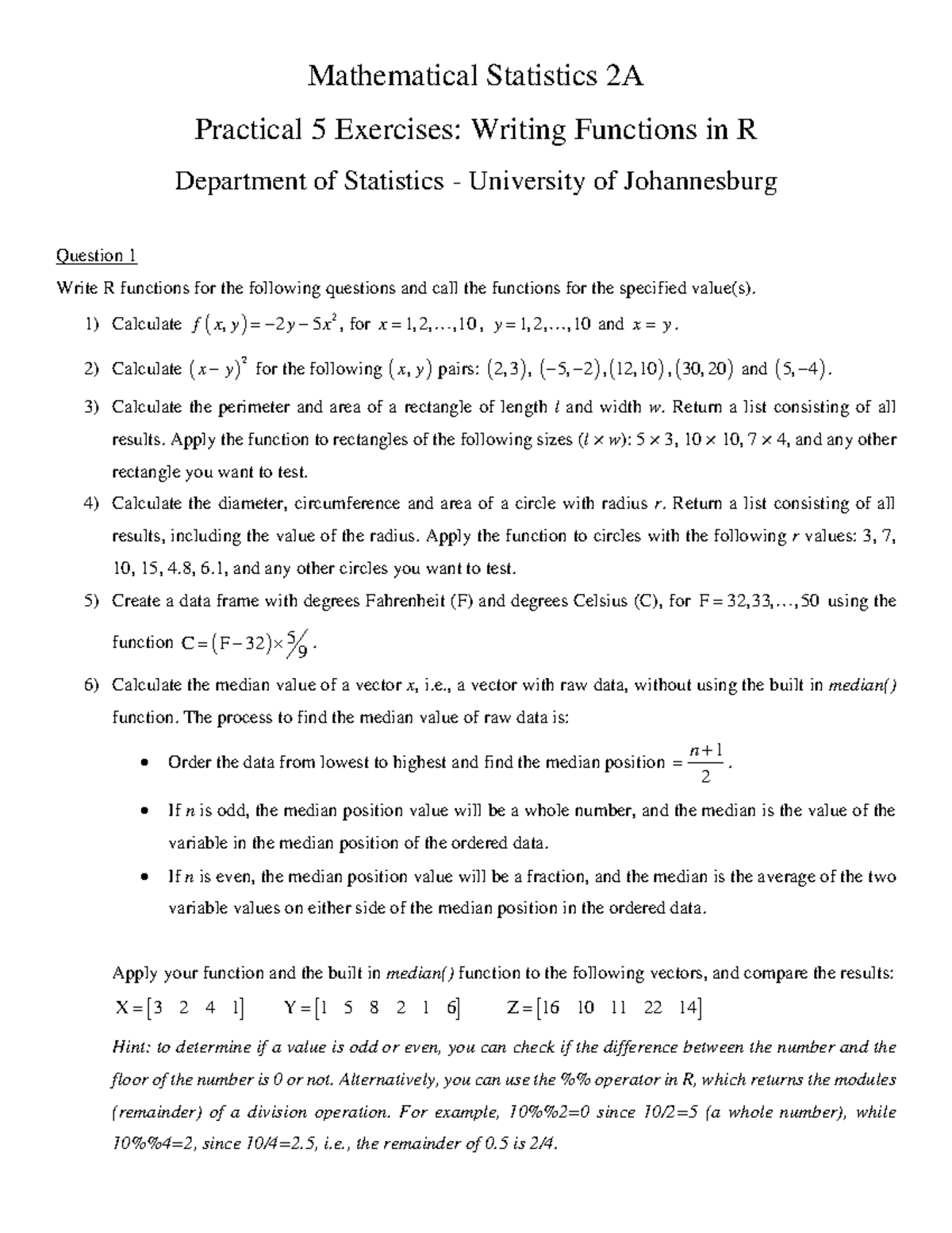 STA02A2 Practical 5: R Functions for Statistical Calculations - Studocu