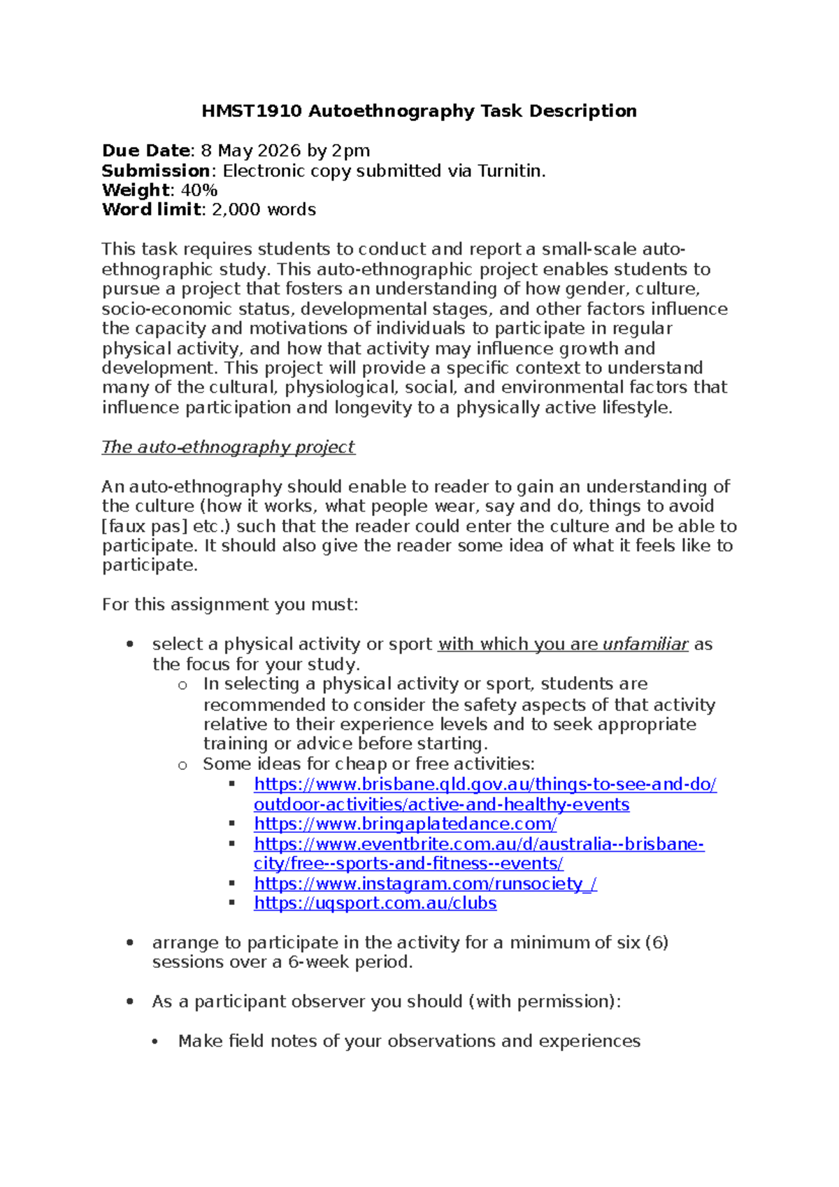 HMST1910 2026 Autoethnography Project: Exploring Physical Activity ...