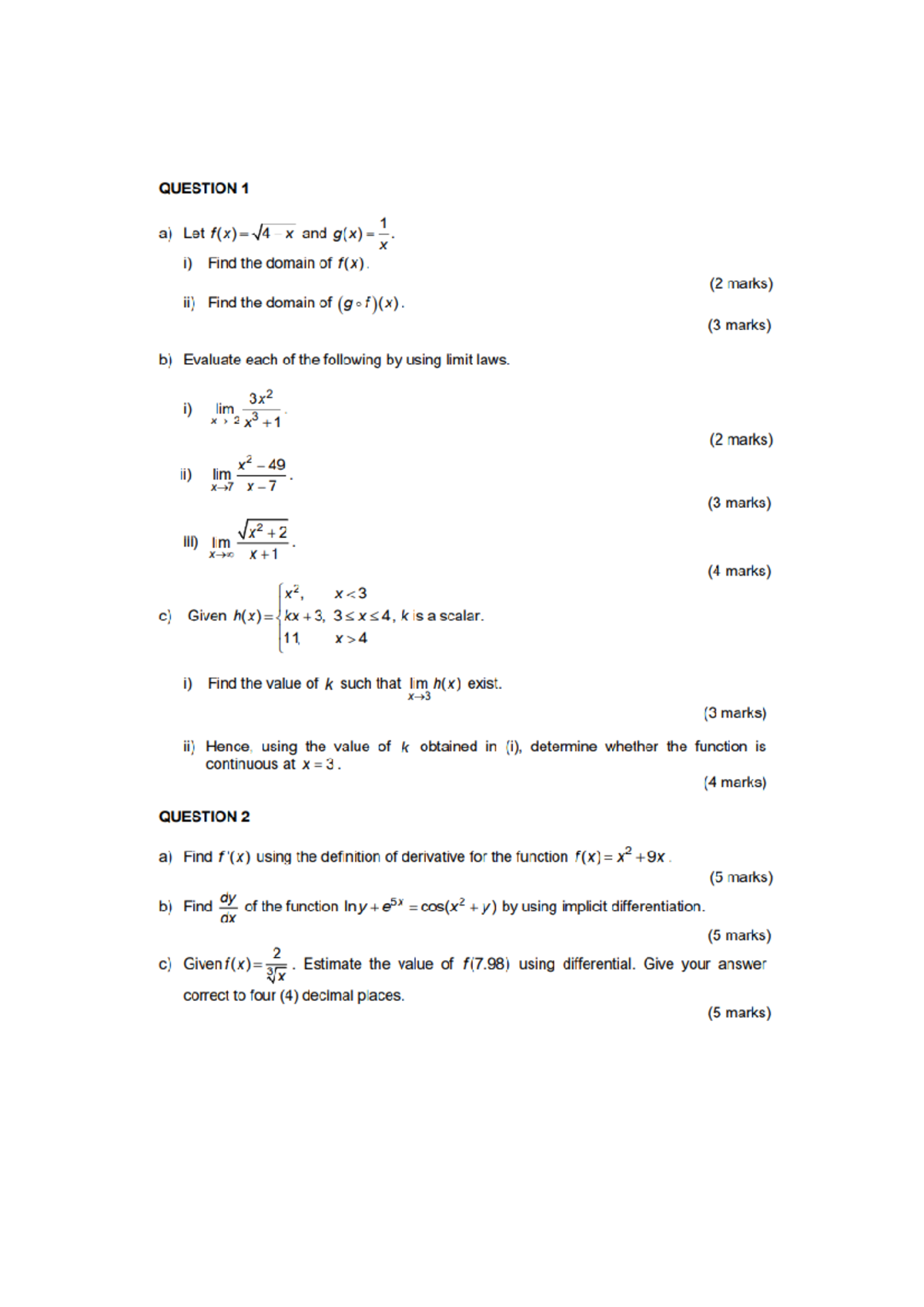 Past Year Exam Questions: Calculus Concepts and Limit Evaluations - Studocu