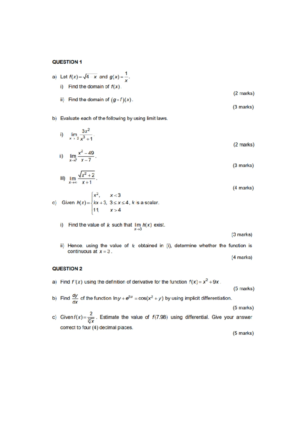 Quiz MAT421: Calculus 1 Assessment - November 2024 - Studocu