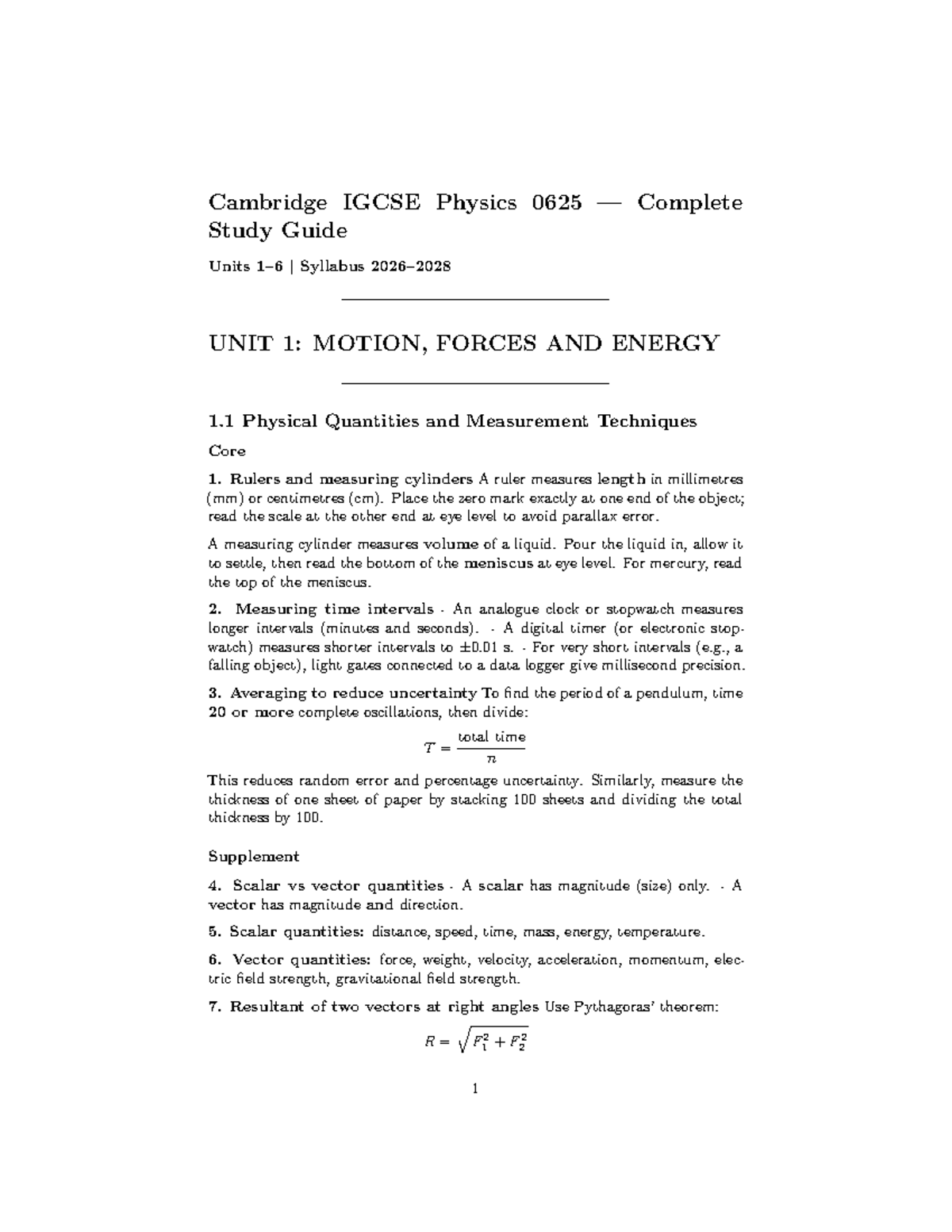 Cambridge IGCSE Physics 0625 Complete Study Guide: Units 1 & 2 - Studocu