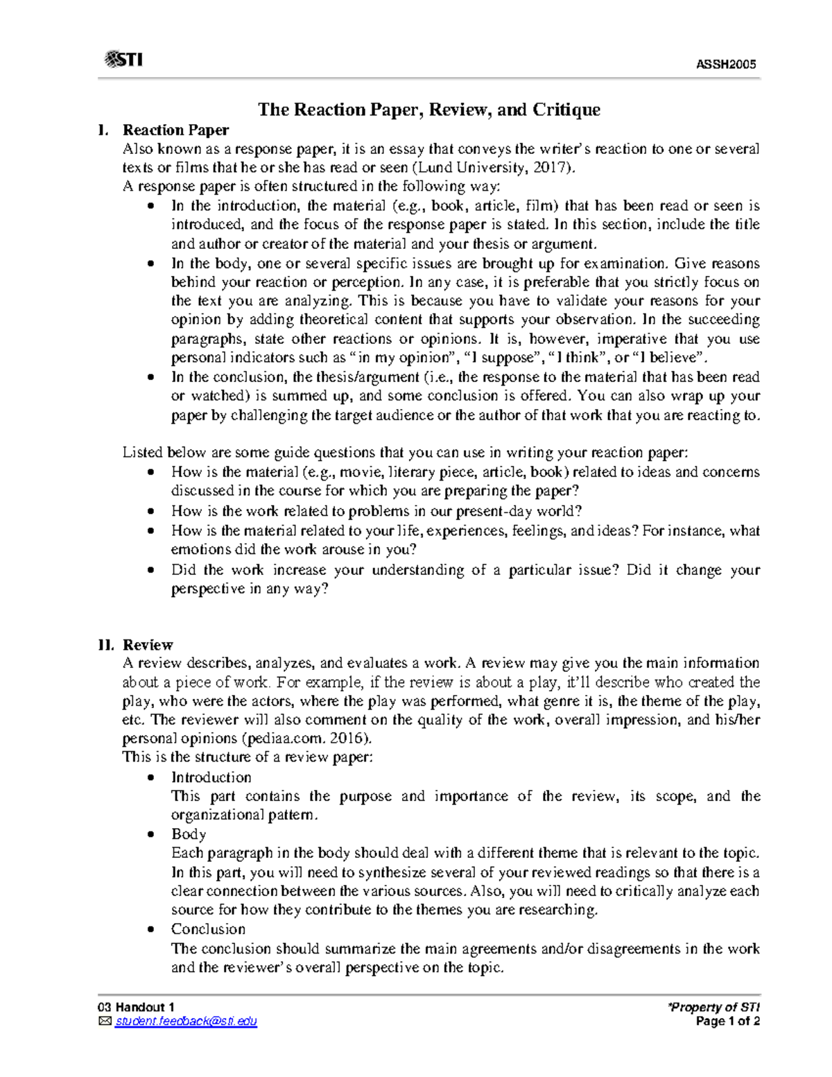 ASSH2005 Critical Response: Analyzing Reactions and Reviews - Studocu