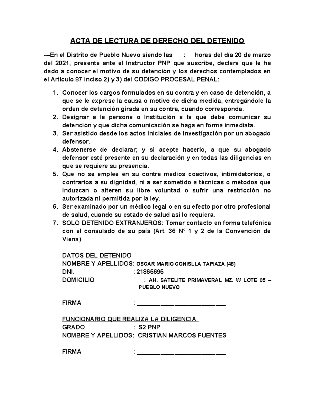 ACTA DE LECTURA DE DERECHOS DEL DETENIDO - DERECHO PENAL - Document Preview