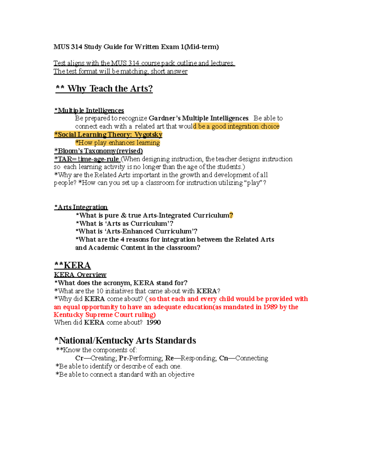 MUS 314 Study Guide for Midterm Exam: Arts Integration Overview - Studocu