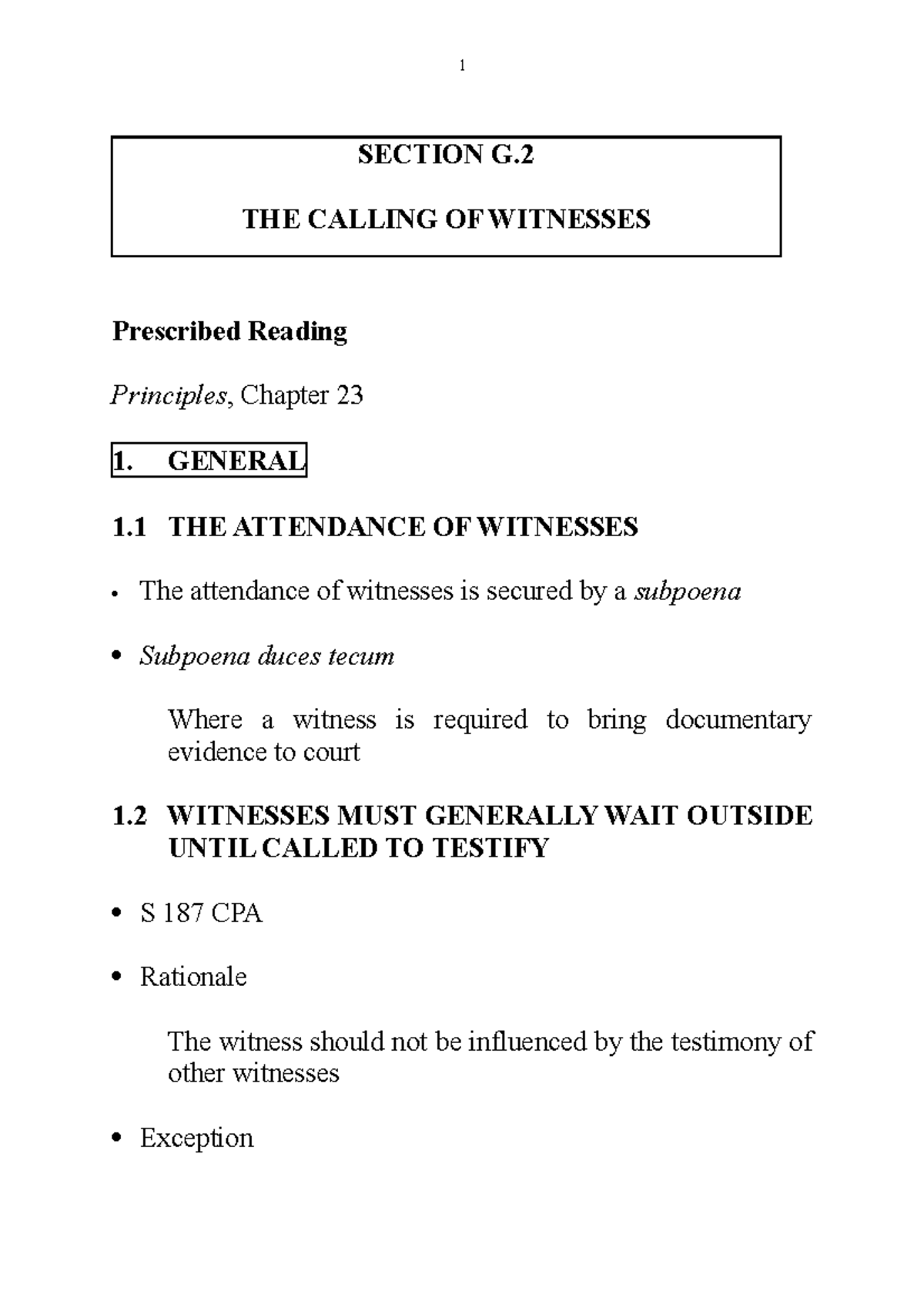 Calling Witnesses in Court - Lecture Notes (Law 101) - Studocu