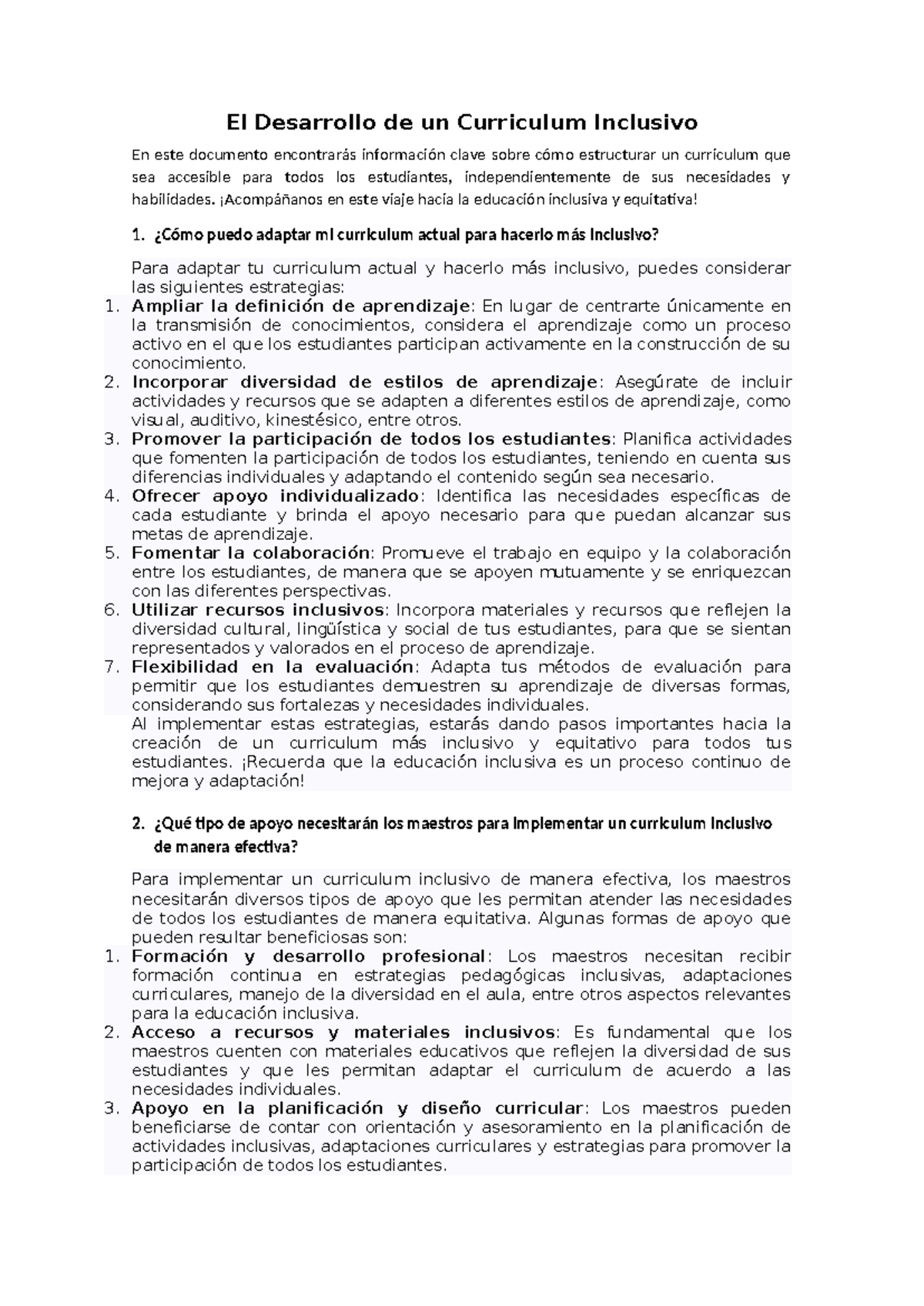 Desarrollo de un Curriculum Inclusivo: Estrategias y Beneficios - Studocu