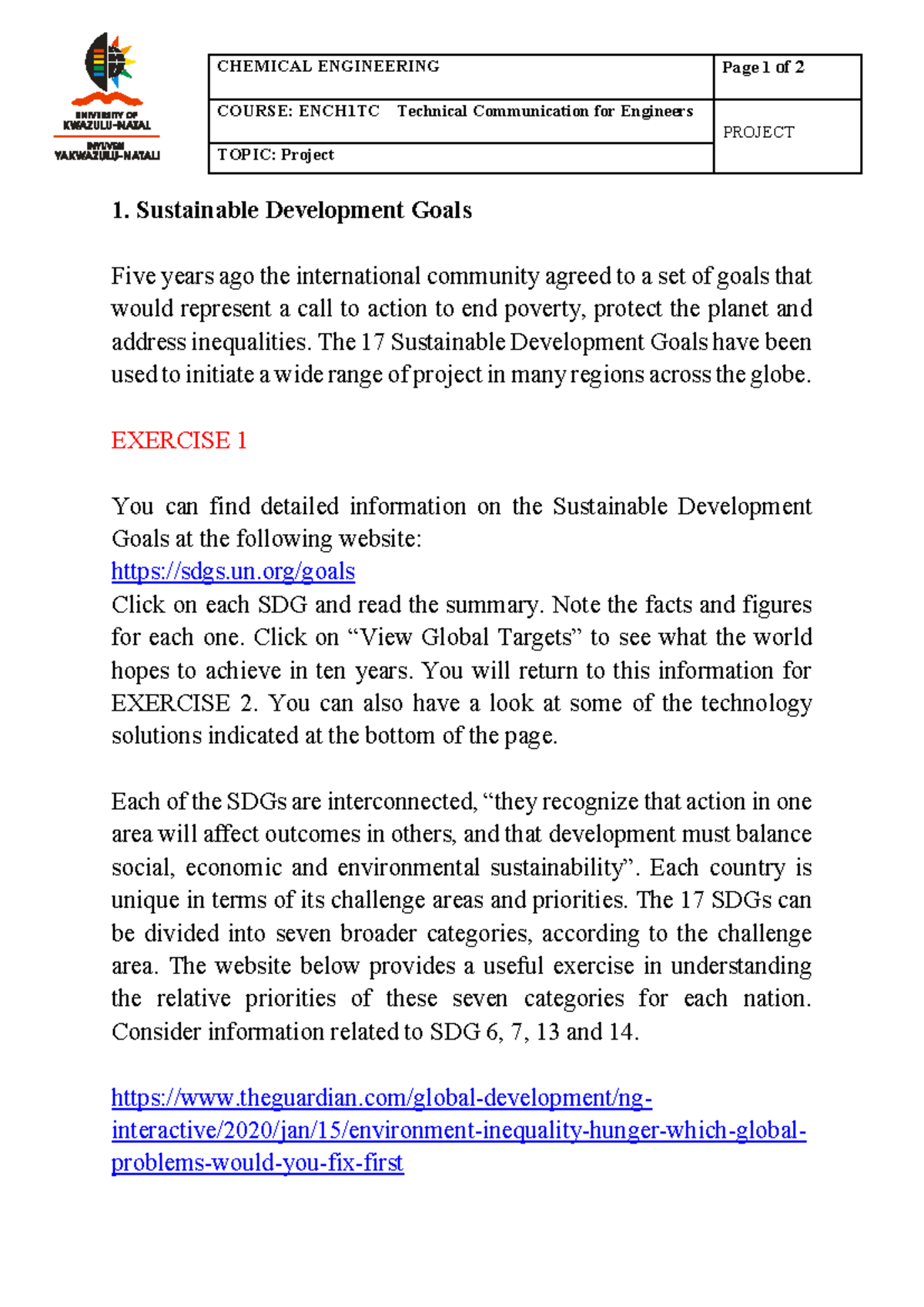 Sustainable Development Goals Overview - ENCH1TC Project Report - Studocu