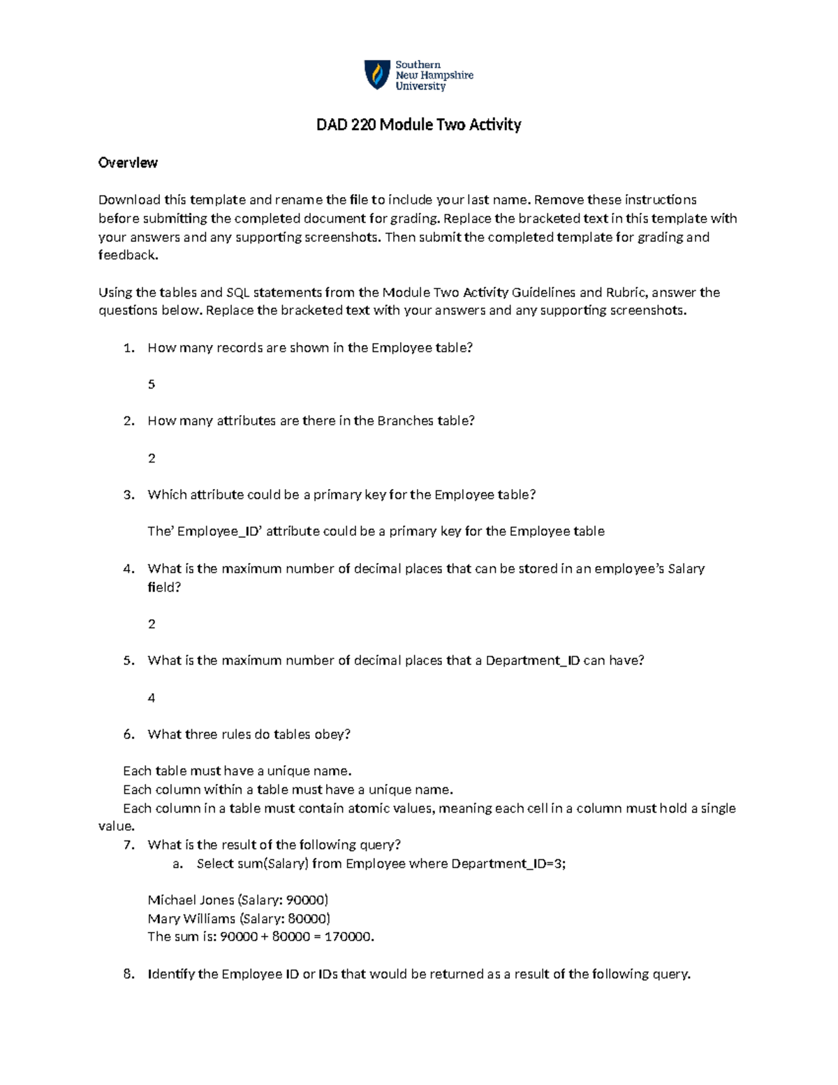 DAD 220 Module Two Activity: Updating SQL Tables & Identifying Queries ...