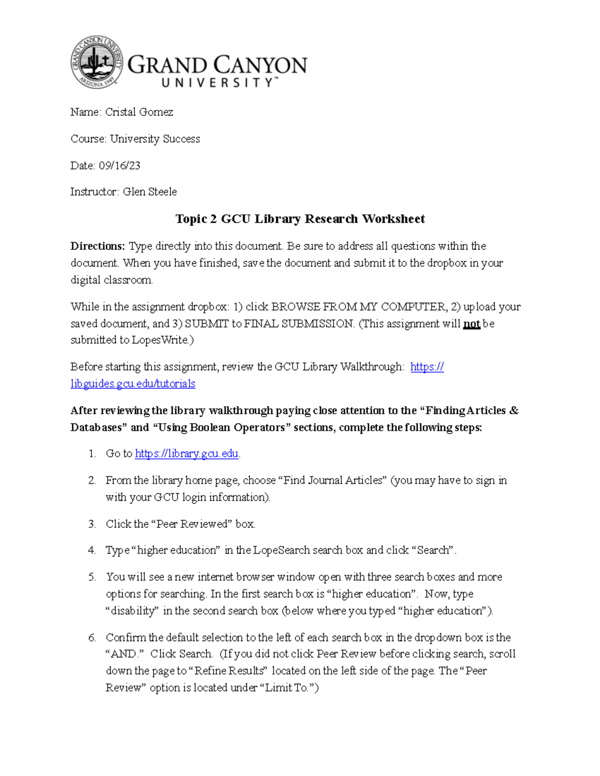 UNV-103 Library Research Assignment Worksheet for University Success ...