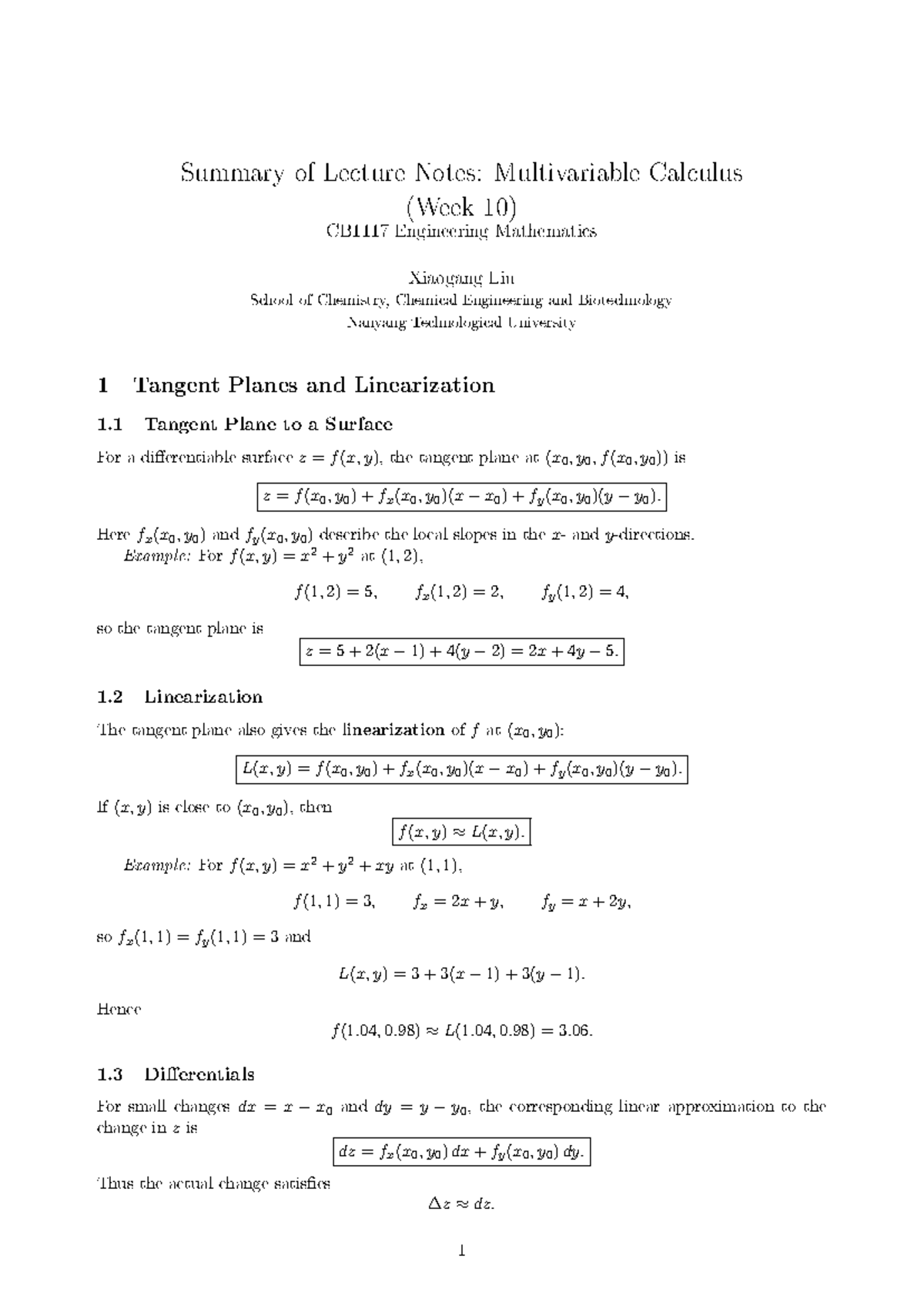 Week 10 Summary Lecture Notes: Multivariable Calculus (ENG Math) - Studocu