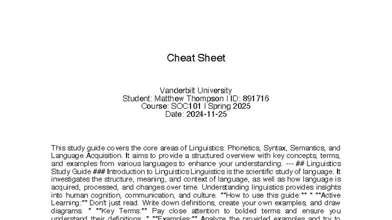 SOC101 Spring 2025 Linguistics Study Guide: Key Concepts & Terms - Studocu