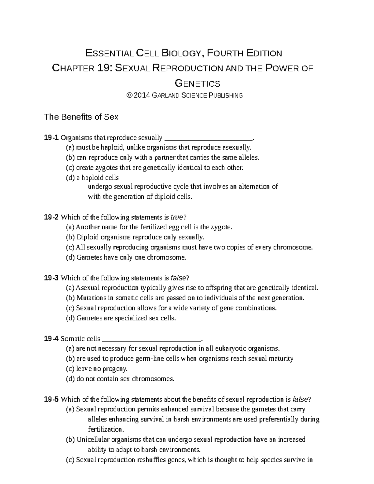 ECB4 Ch19 - Exam Practice Questions on Sexual Reproduction & Genetics - Document Preview
