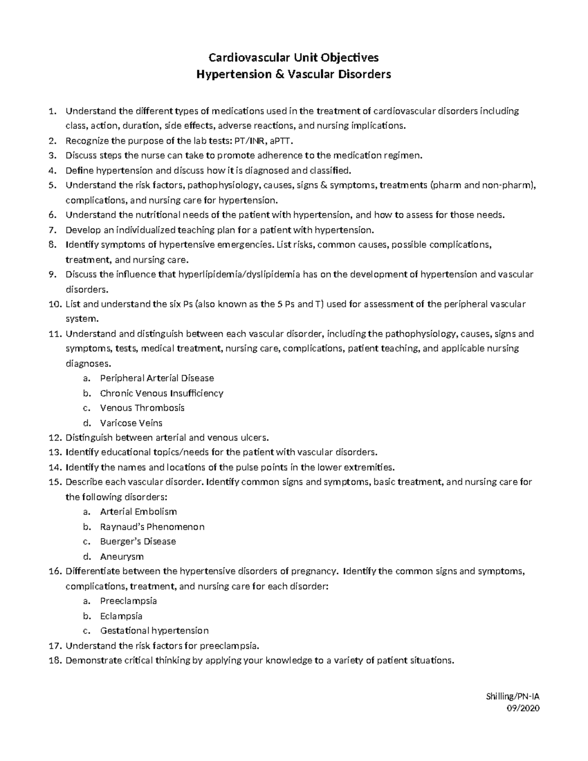 Cardiovascular Unit Objectives: Hypertension & Vascular Disorders - Studocu