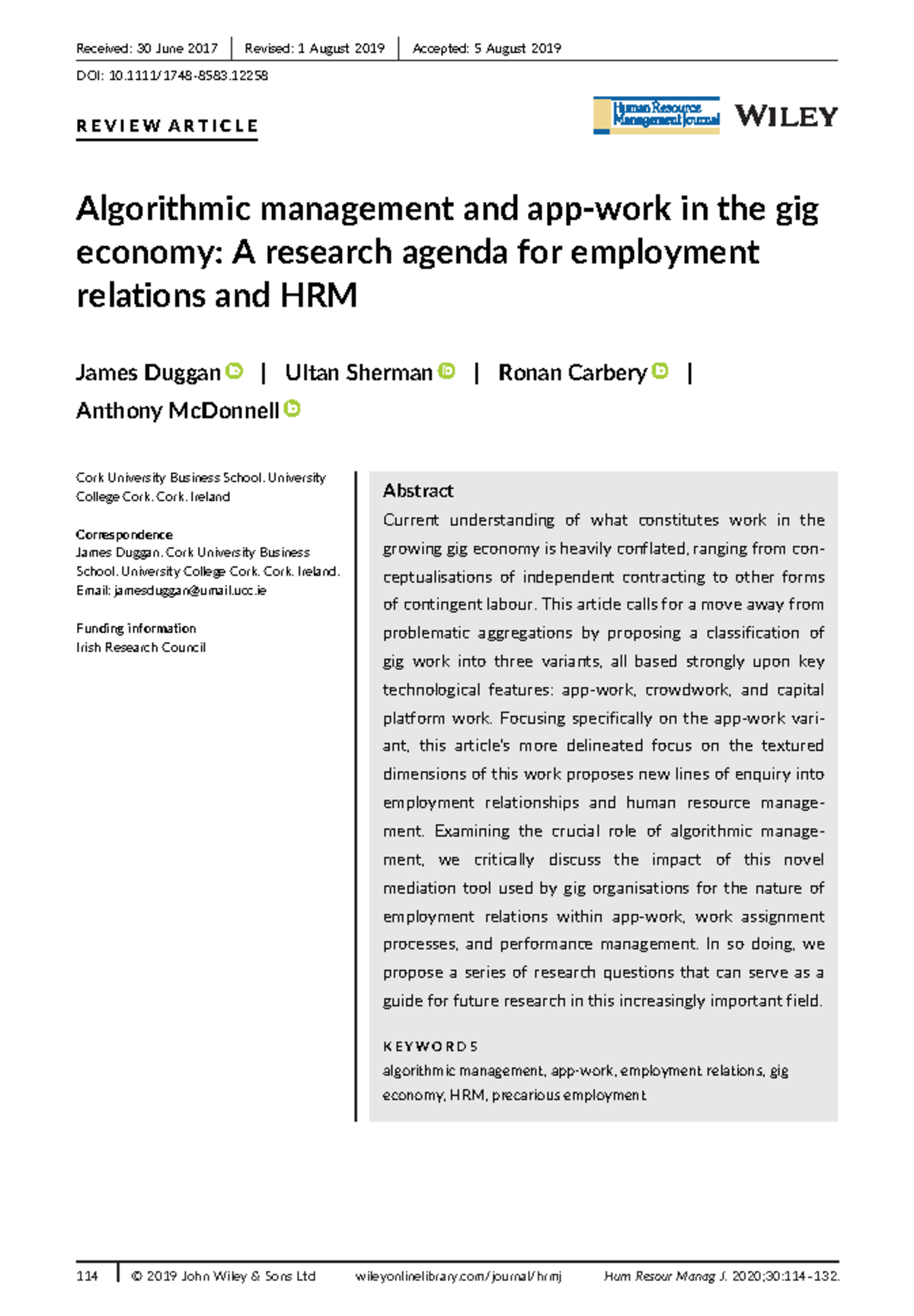 Algorithmic Management and App-Work: HRM Insights in the Gig Economy ...