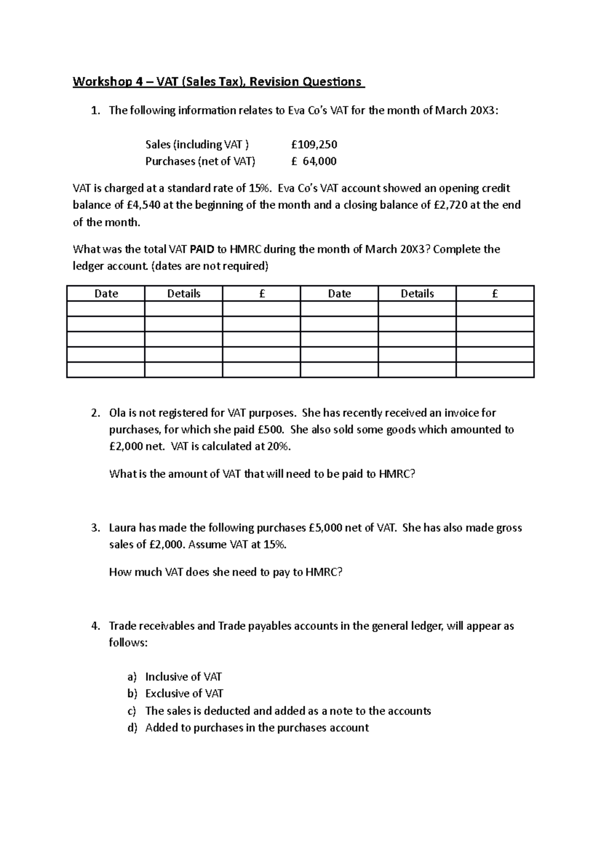Workshop 5 - VAT Calculation Questions & Exercises (3) - Studocu