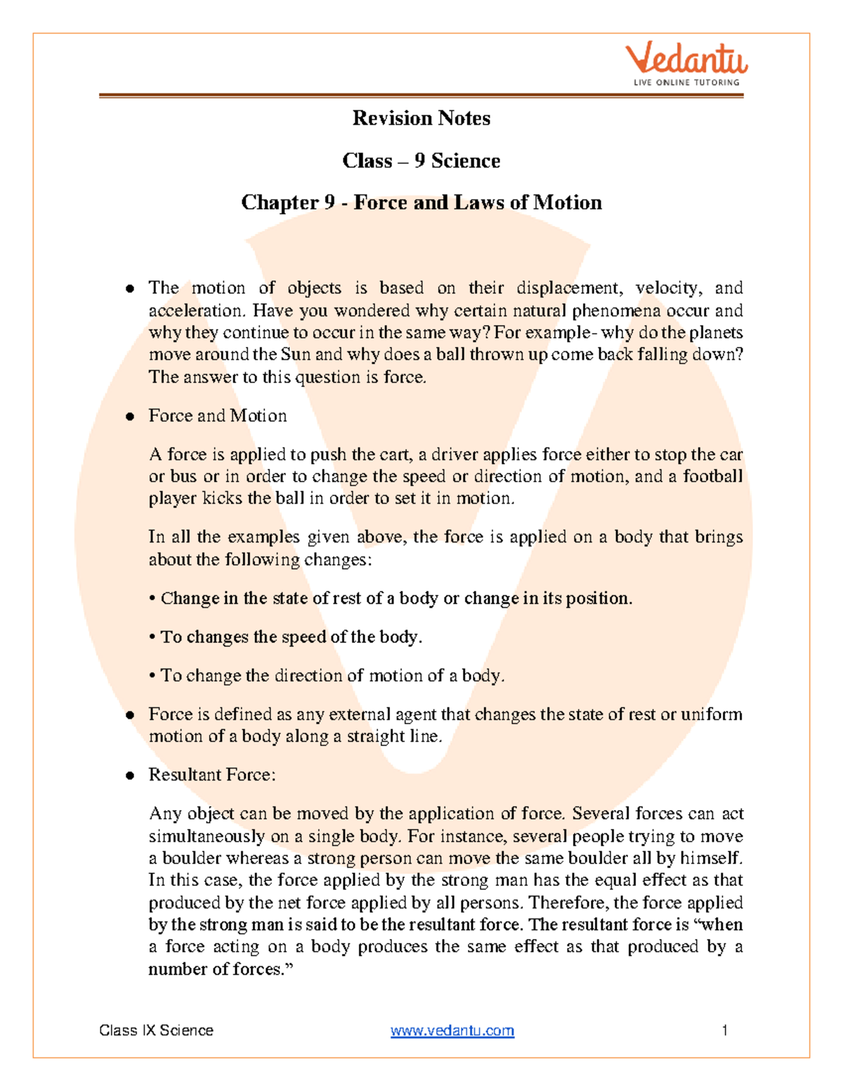 Class 9 Science Chapter 9 - Revision Notes on Force & Motion - Studocu