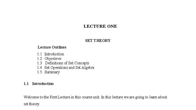 LECTURE ONE: SET THEORY - Course Notes on Set Concepts and Operations ...