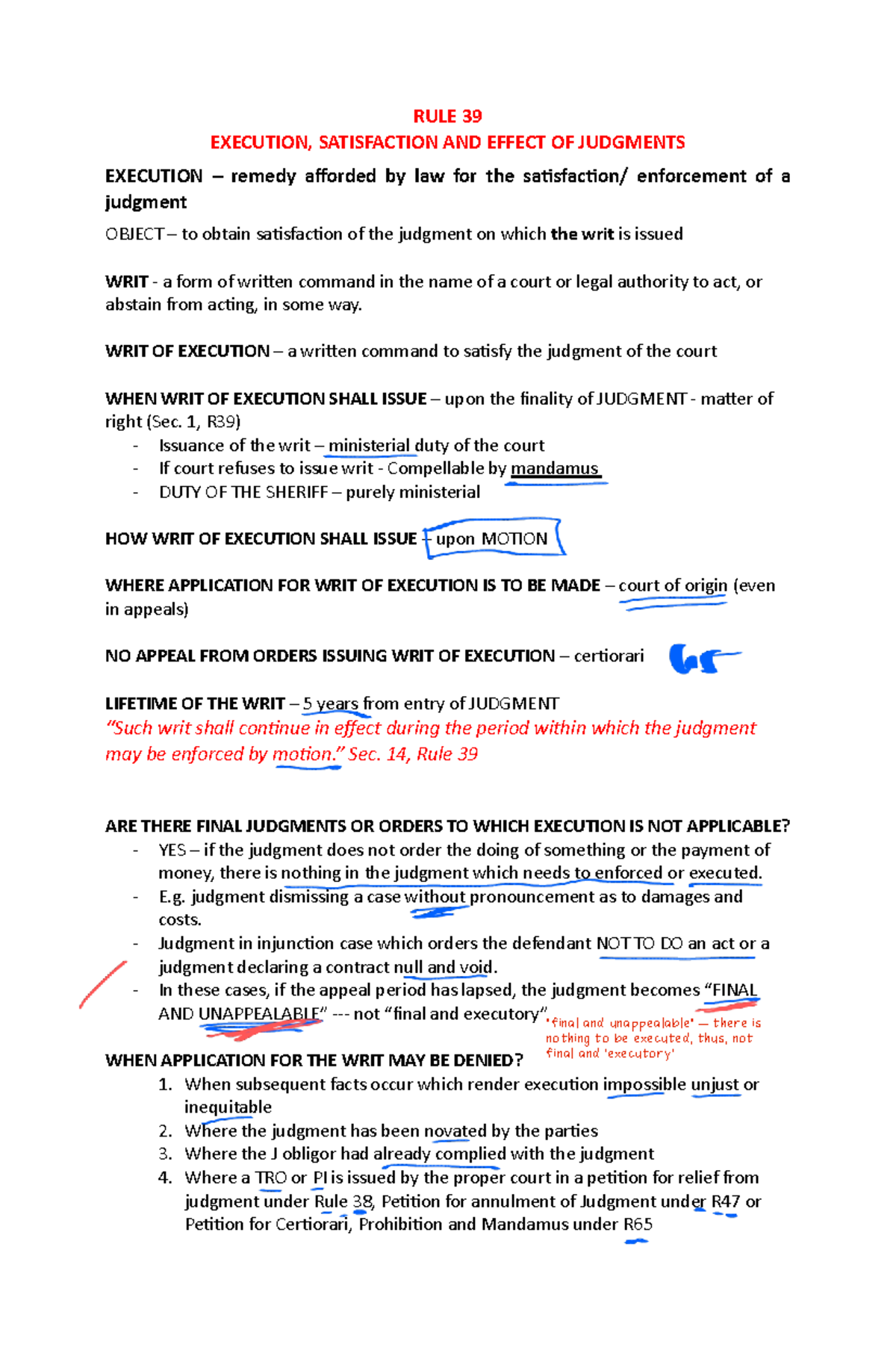 Law 101: Writ of Execution and Enforcement of Judgments - Studocu
