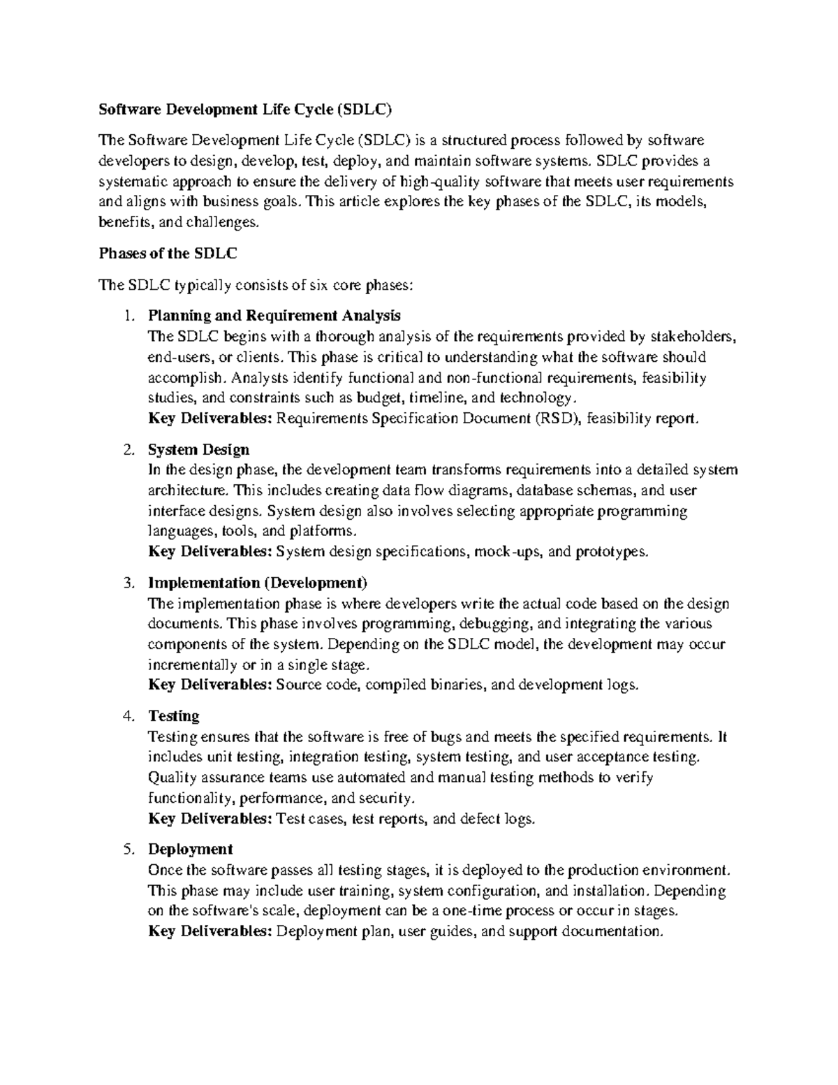 Software Development Life Cycle - SDLC provides a systematic approach ...