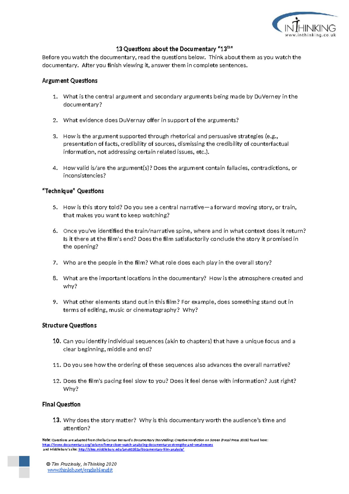 Final Exam: 13 Key Questions for Analyzing the Documentary - Studeersnel