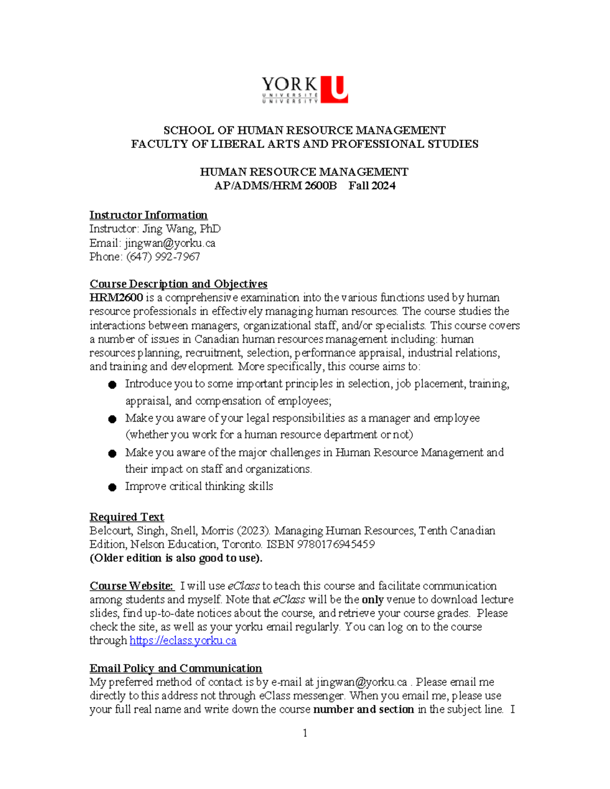 HRM2600B F2024 Course Outline - Human Resource Management - Studocu
