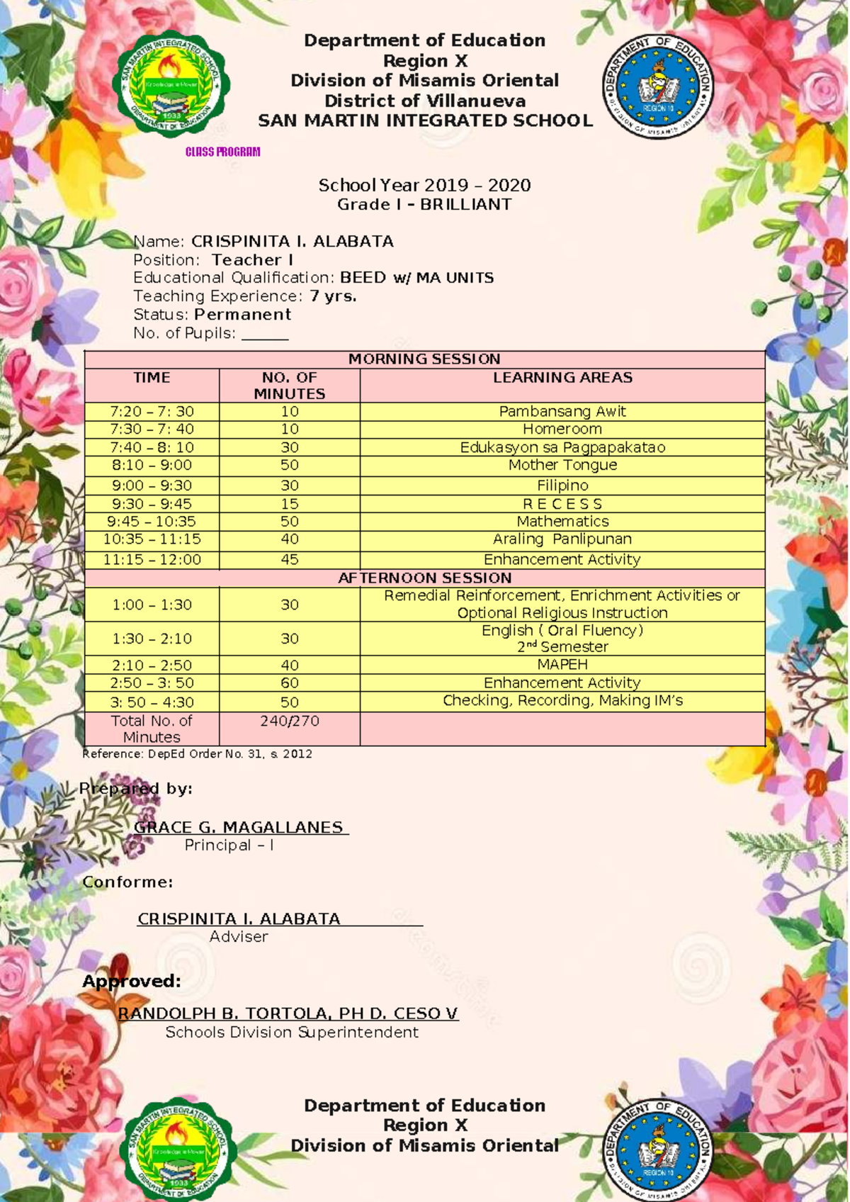 Grade I Class Program & Reading Materials SY 2019-2020 - Studocu