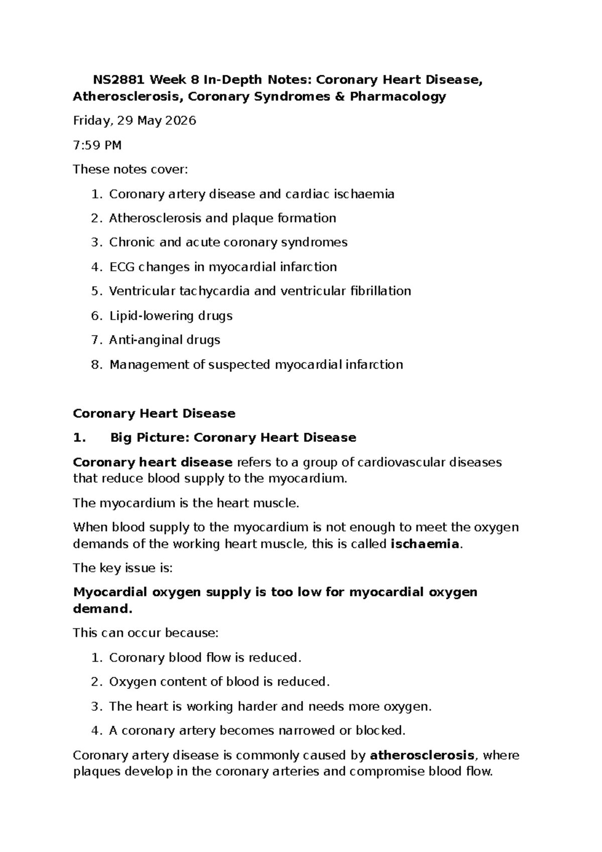NS2881 Week 8 In-Depth Notes: Coronary Heart Disease & Pharmacology ...