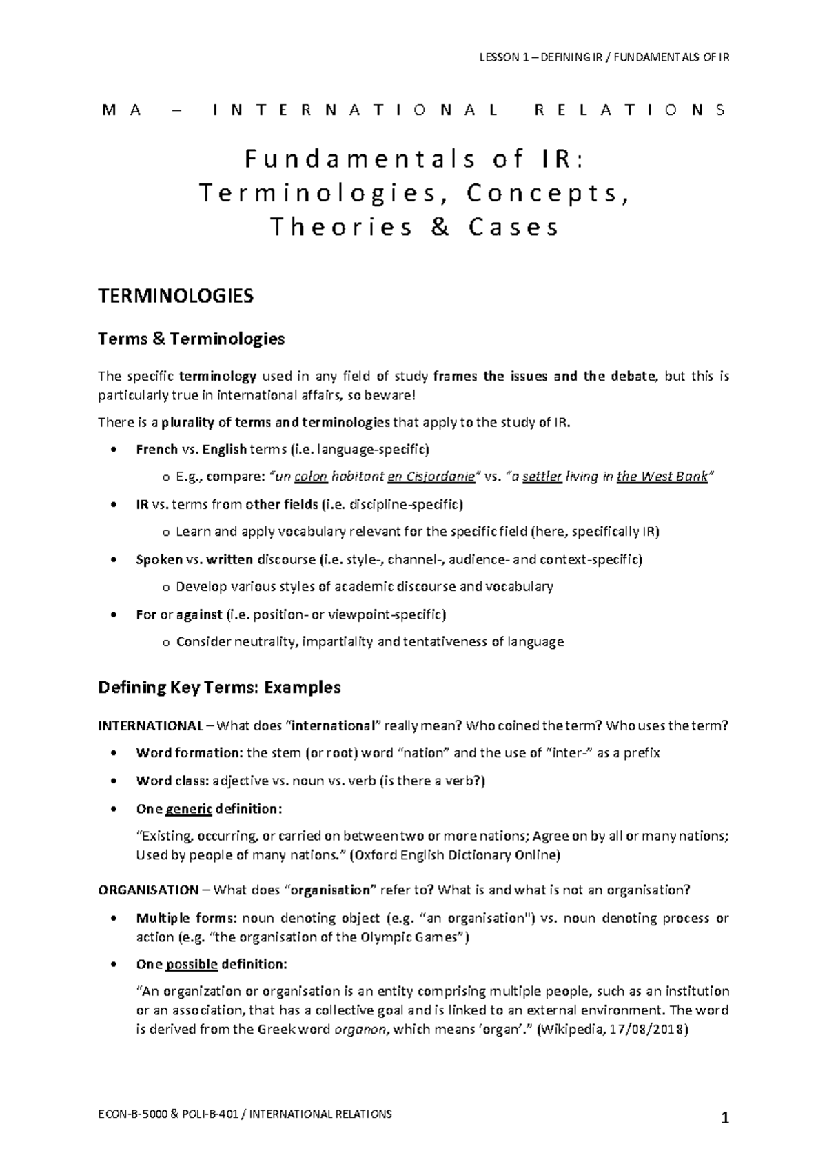 INTERNATIONAL RELATIONS 1: LESSON 1 - DEFINING IR FUNDAMENTALS - Studocu