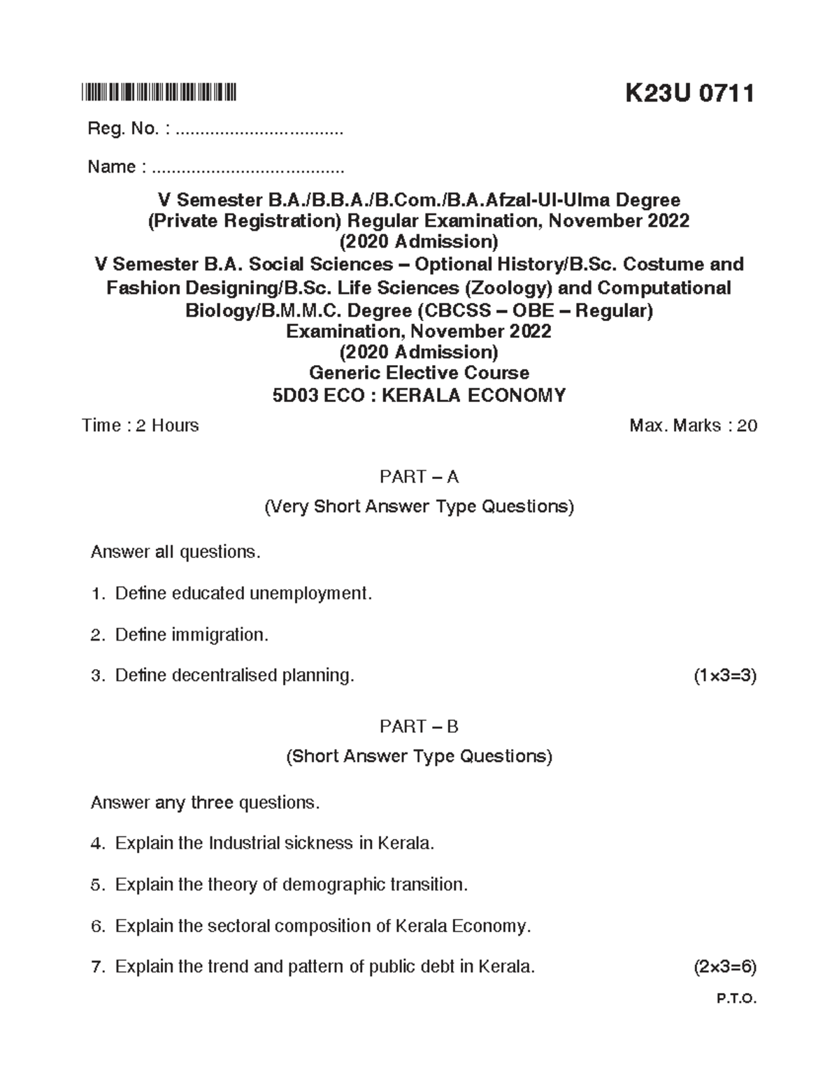 K23U 0711 - V Semester B.A. Social Sciences Exam Notes - Studocu