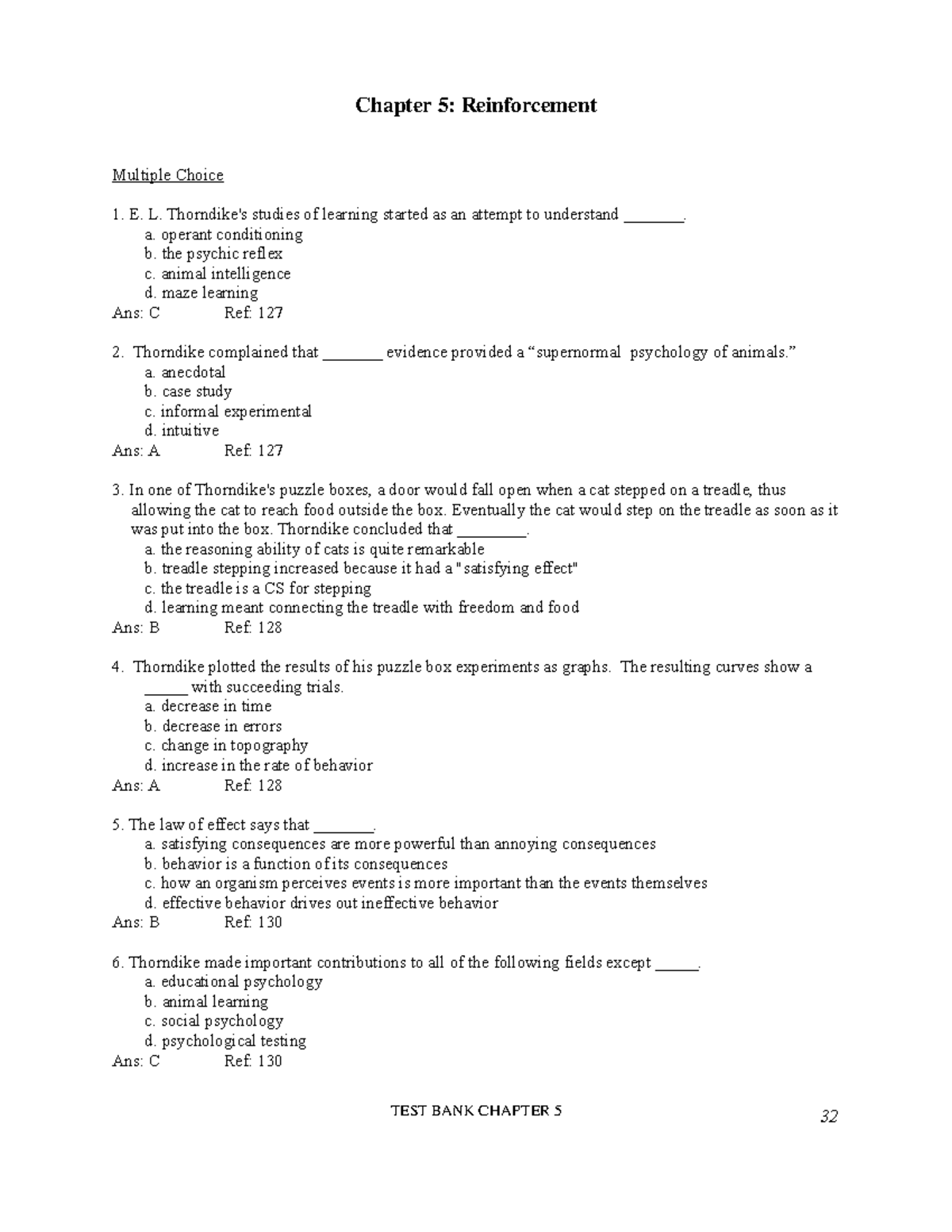 Chance 7e TB Ch05 - Chapter 5 Test Bank on Reinforcement Concepts - Studocu
