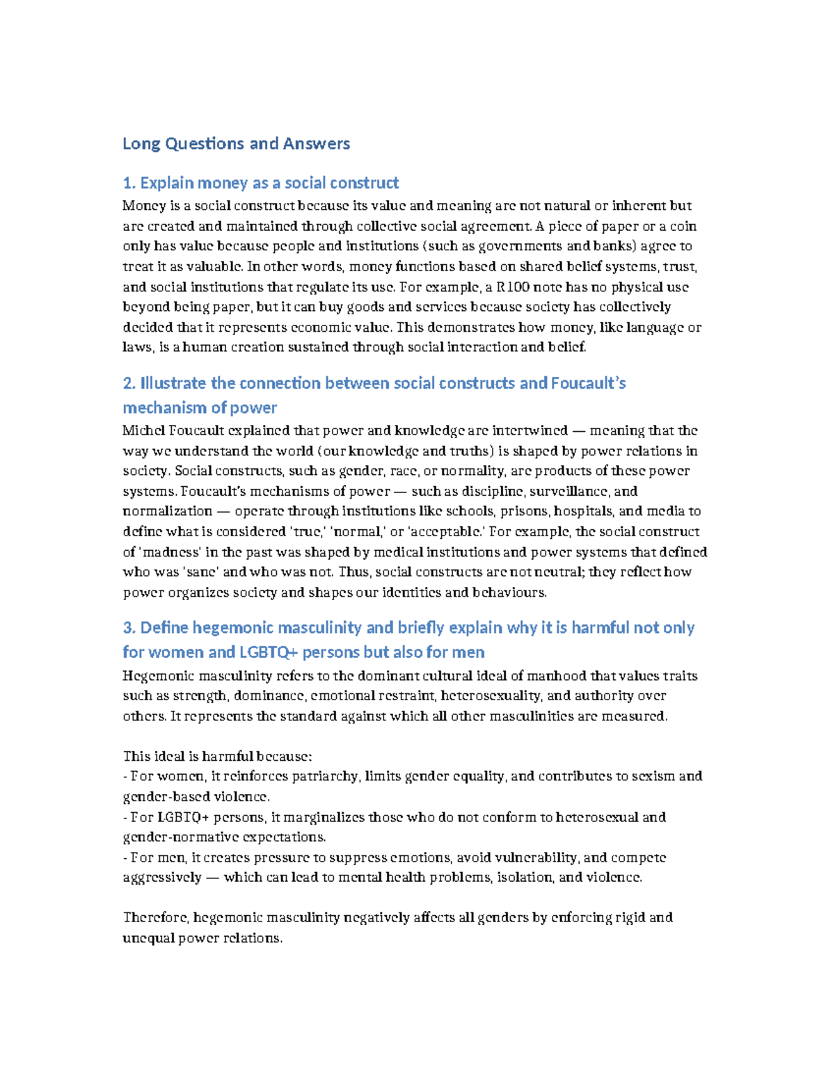 Social Constructs and Power Mechanisms: Long Q&A Insights - Studocu