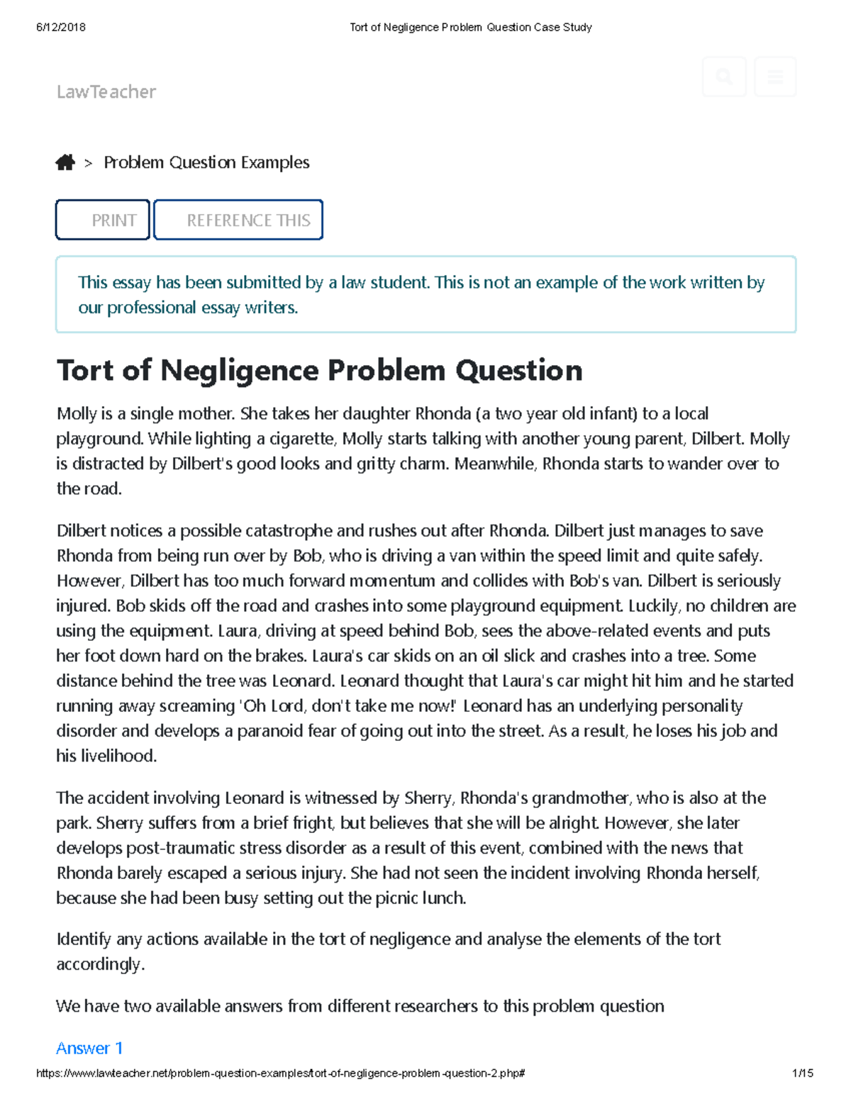 Case Study: Tort of Negligence Analysis (LAW 101) - Studocu