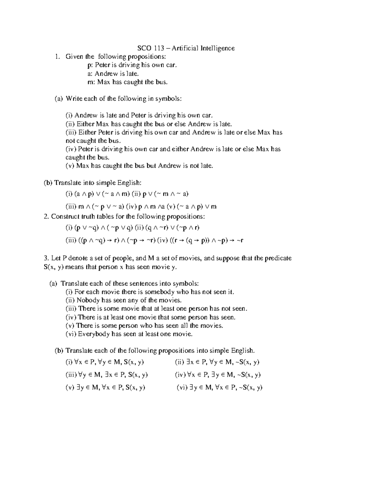 SCO 113 - AI Class Exercises: Propositions and Truth Tables - Studocu