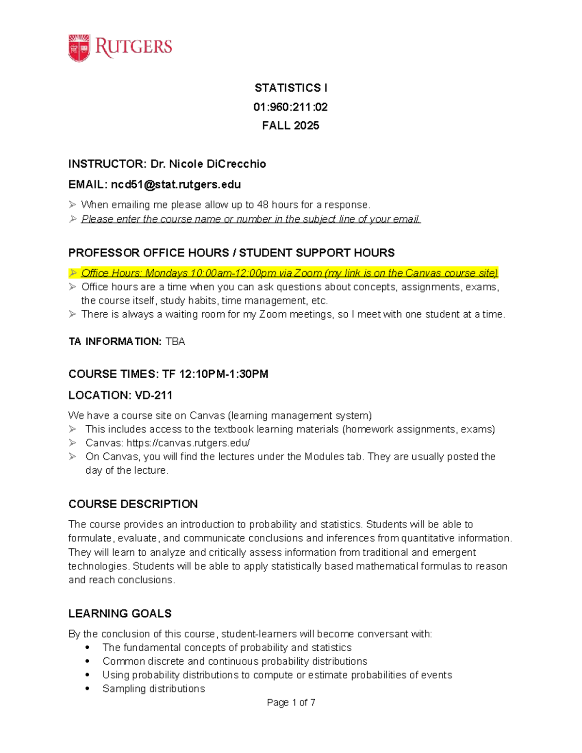 STATISTICS I 01:960:211:02 FALL 2025 SYLLABUS & COURSE INFO - Studocu