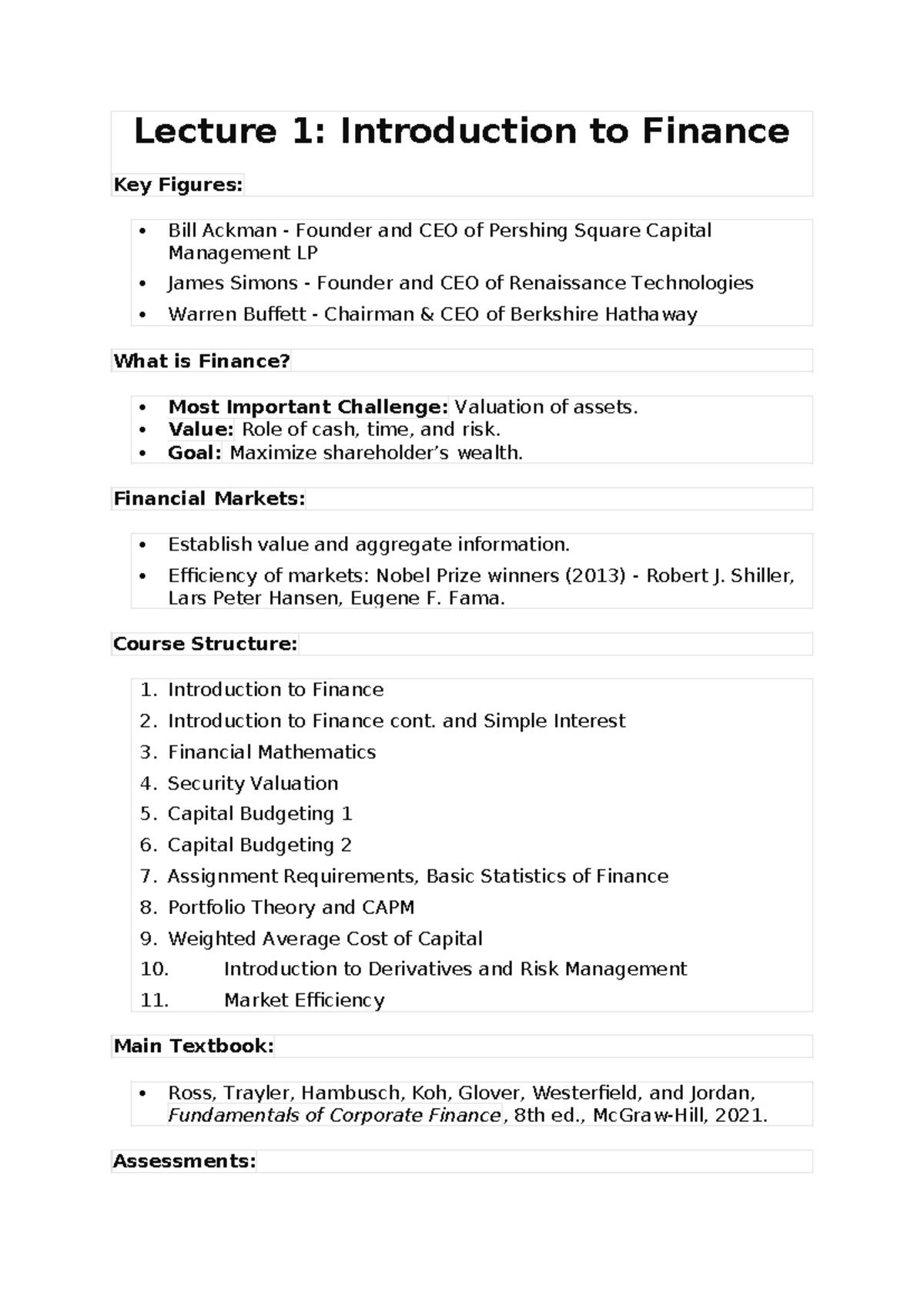 EFB210: Lecture 1 - Intro to Finance Study Notes and Key Concepts - Studocu
