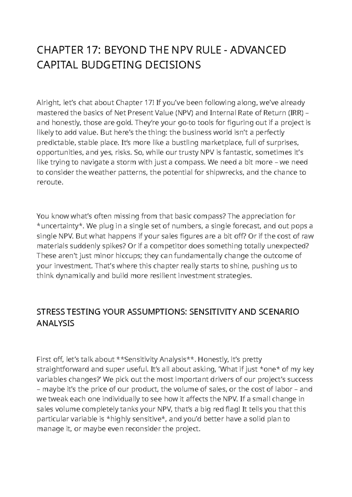 CHAPTER 17: ADVANCED CAPITAL BUDGETING & NPV STRATEGIES - Studocu