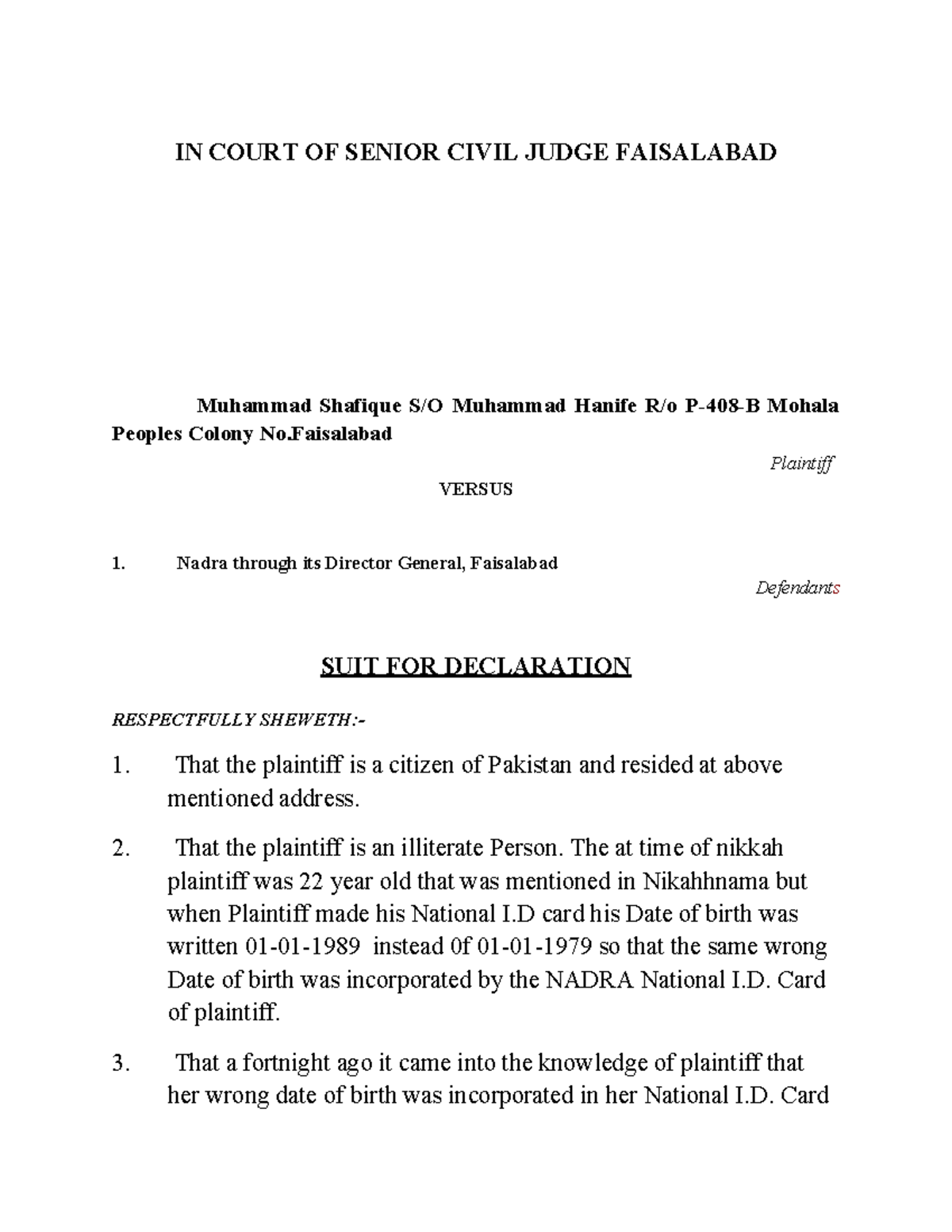 Suit for Declaration: Muhammad Shafique vs. NADRA - Civil Case - Studocu