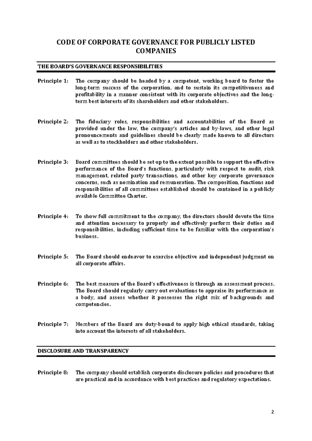 Principles-1-16 - Notes - 2 CODE OF CORPORATE GOVERNANCE FOR PUBLICLY ...