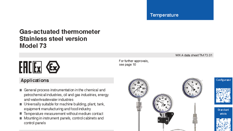WIKA TM 73.01 Data Sheet: Stainless Steel Thermometer Overview - Studocu
