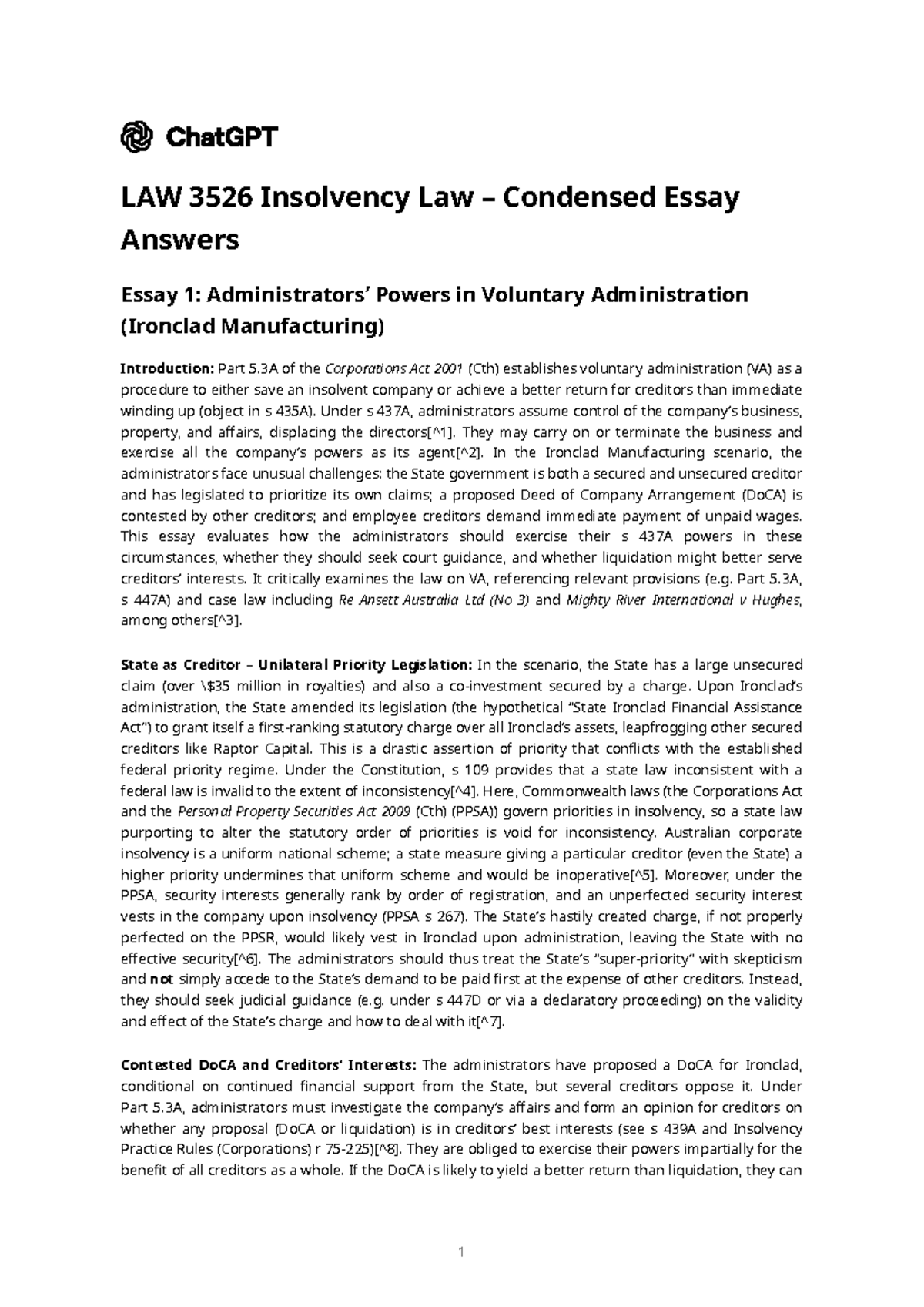LAW 3526 Insolvency Law – Condensed Essay Answers on Voluntary ...