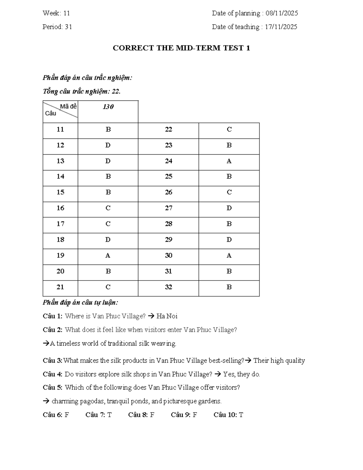 Week 11: Test 1 Answers and Lesson Activities for Grade 9 - Studocu